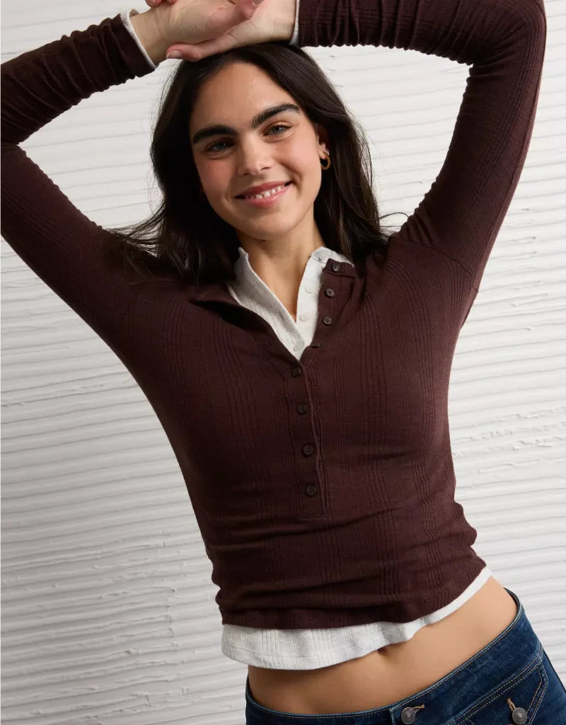 American Eagle AE Long Sleeve Henley T-Shirt