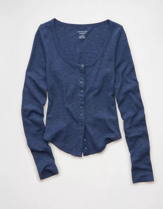 American Eagle AE Waffle Long Sleeve Button-Up Tee
