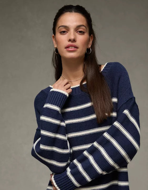 American Eagle AE Striped Boat Neck Mini Sweater Dress