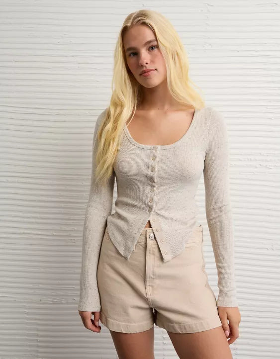 American Eagle AE Waffle Long Sleeve Button-Up Tee