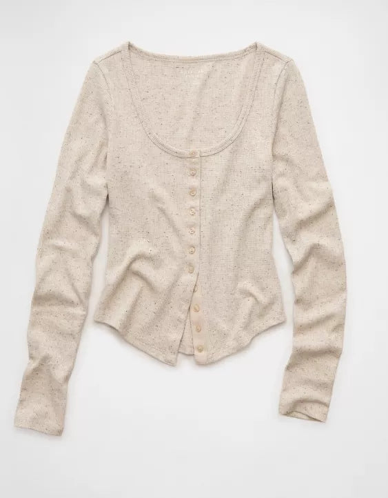 American Eagle AE Waffle Long Sleeve Button-Up Tee
