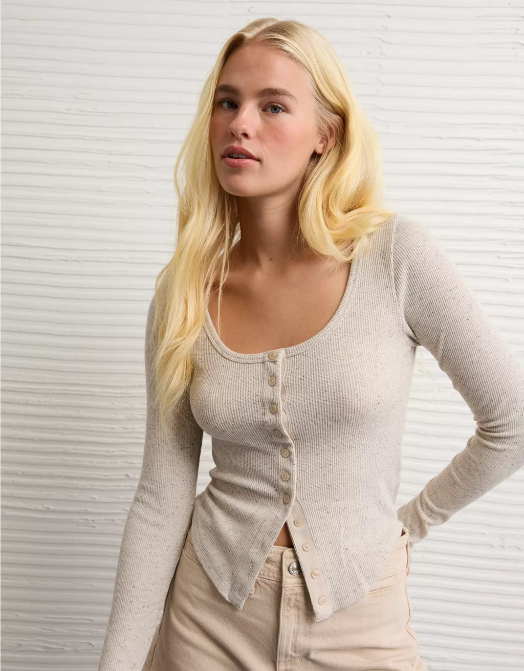 American Eagle AE Waffle Long Sleeve Button-Up Tee