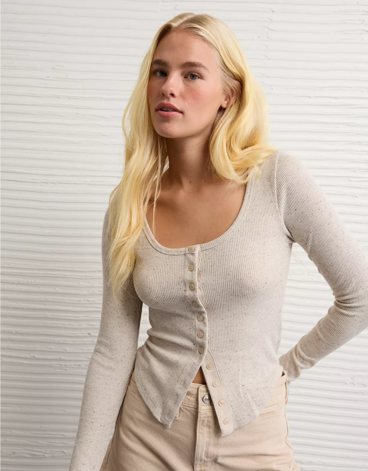 American Eagle AE Waffle Long Sleeve Button-Up Tee