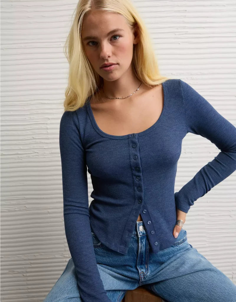 American Eagle AE Waffle Long Sleeve Button-Up Tee