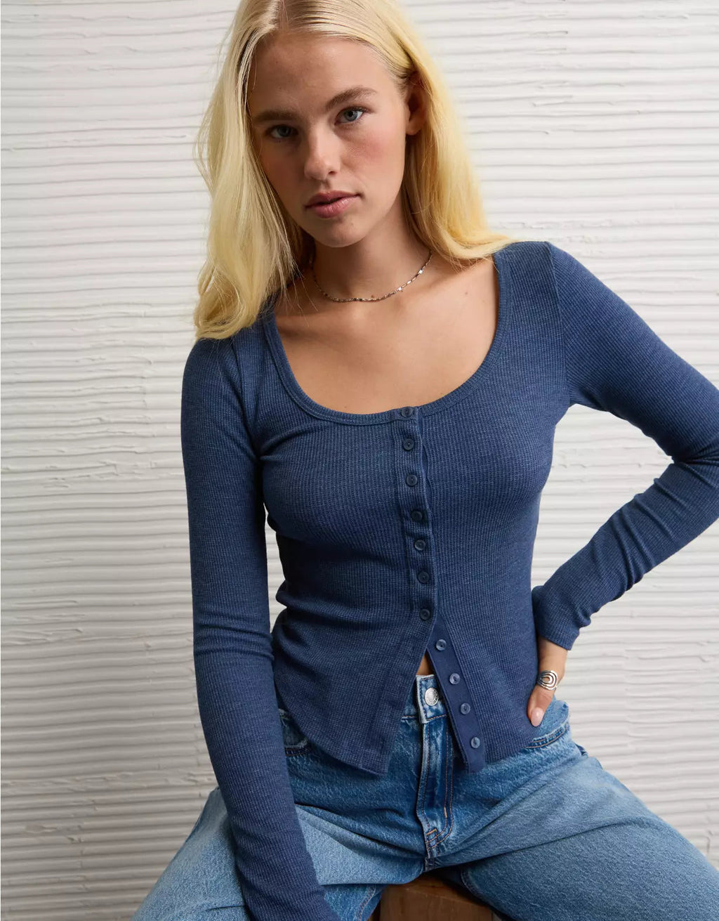 American Eagle AE Waffle Long Sleeve Button-Up Tee
