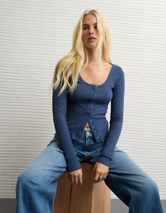 American Eagle AE Waffle Long Sleeve Button-Up Tee
